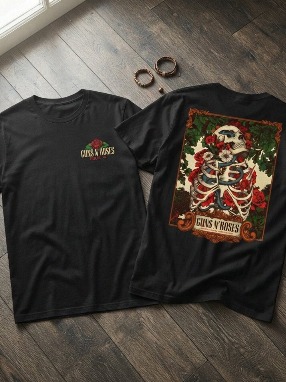 Guns N' Roses Black Graphic T-Shirt Skeleton Roses Band Tee Vintage Style